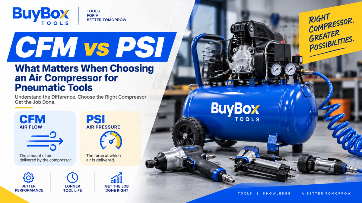CFM vs PSI comparison showing air compressor airflow, pressure, and pneumatic tool applications.