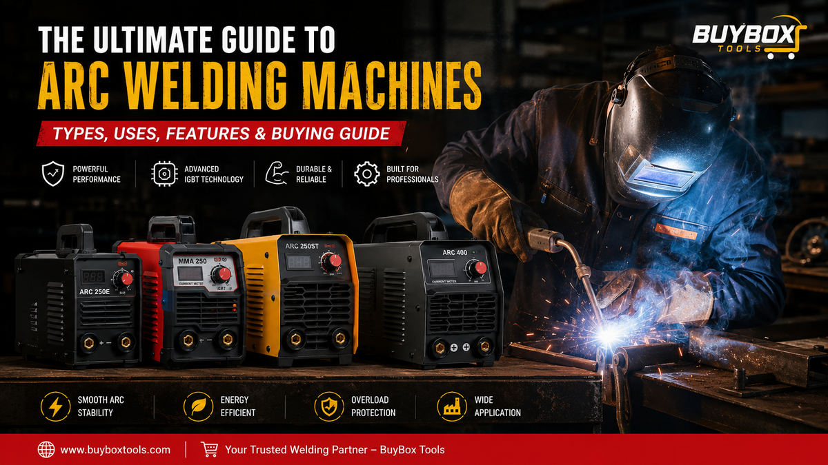 BuyBox Tools ARC welding machines with a professional welder performing metal fabrication in a workshop