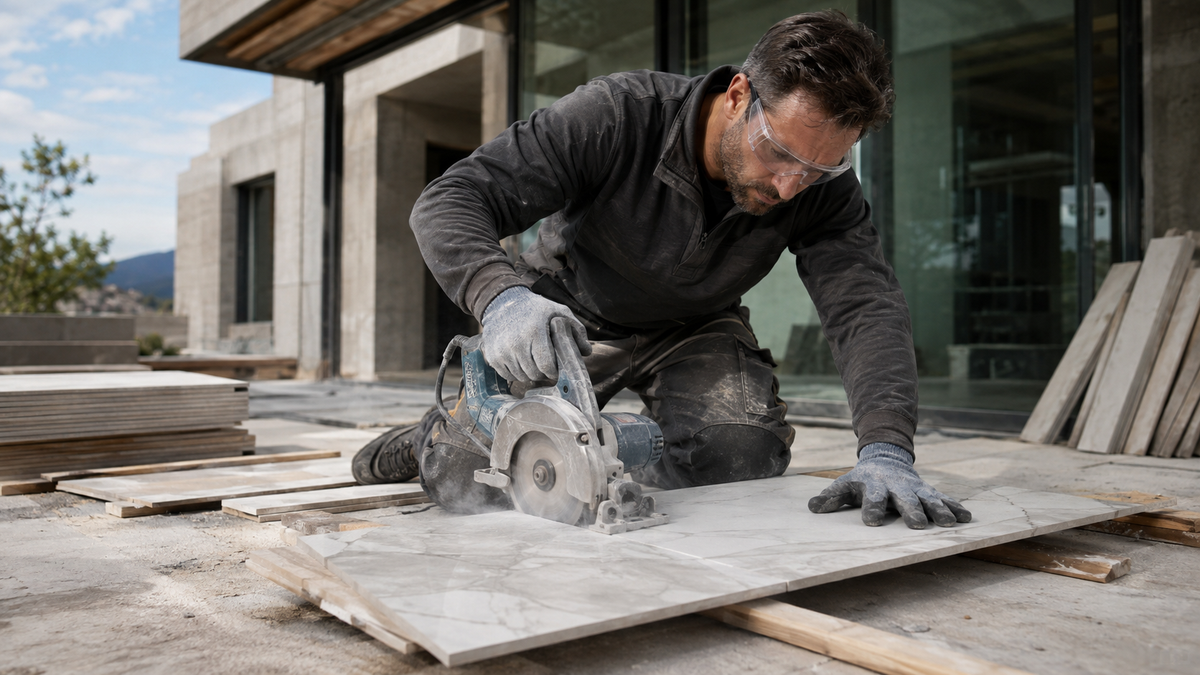Professional contractor using a marble cutter machine to cut porcelain floor tiles during a modern construction project.