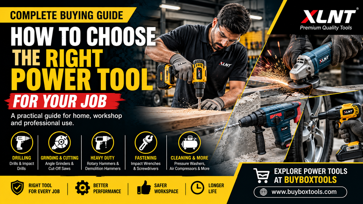 Power tools including cordless drill angle grinder rotary hammer and impact wrench in a professional workshop