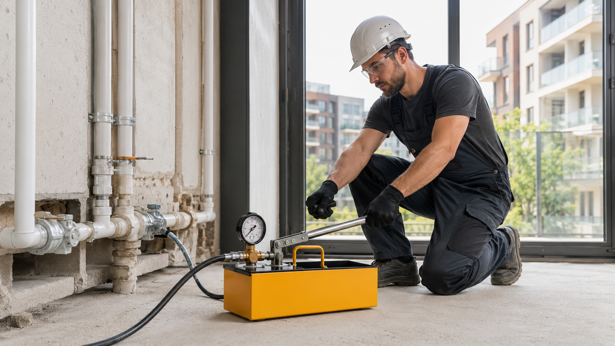 Professional plumber using a hydraulic water pressure tester pump to perform a leak test on a residential plumbing pipeline before commissioning.