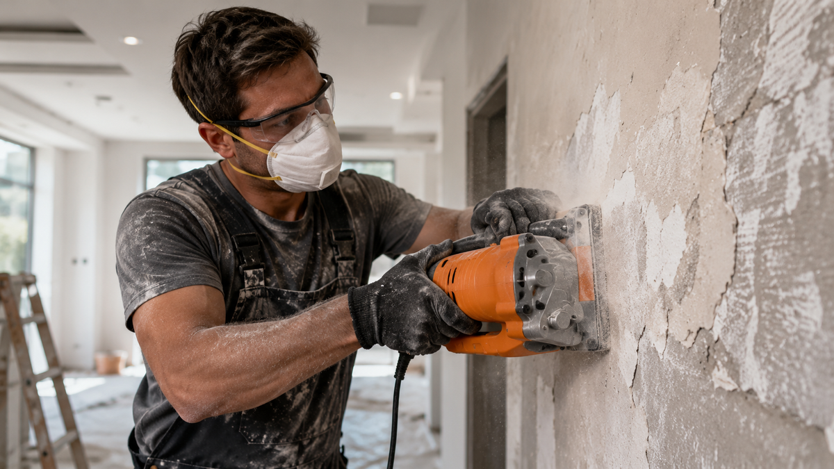 Professional contractor using an electric putty scraper machine to remove old wall putty and paint before interior renovation.