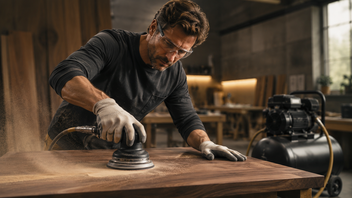Professional technician using a pneumatic orbital sander to smooth a wooden surface in a modern woodworking workshop.