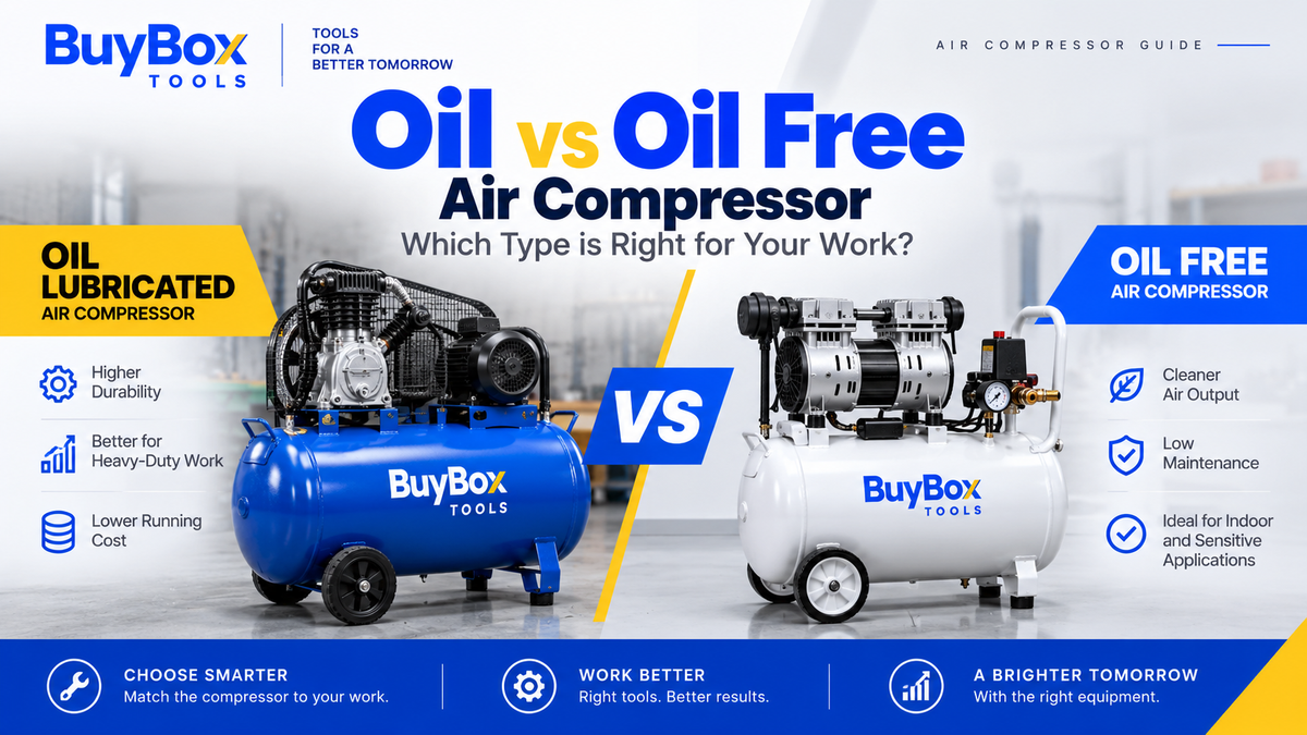 Oil vs oil-free air compressor comparison showing the key differences, features, and applications of each compressor type for choosing the right air compressor for your work.