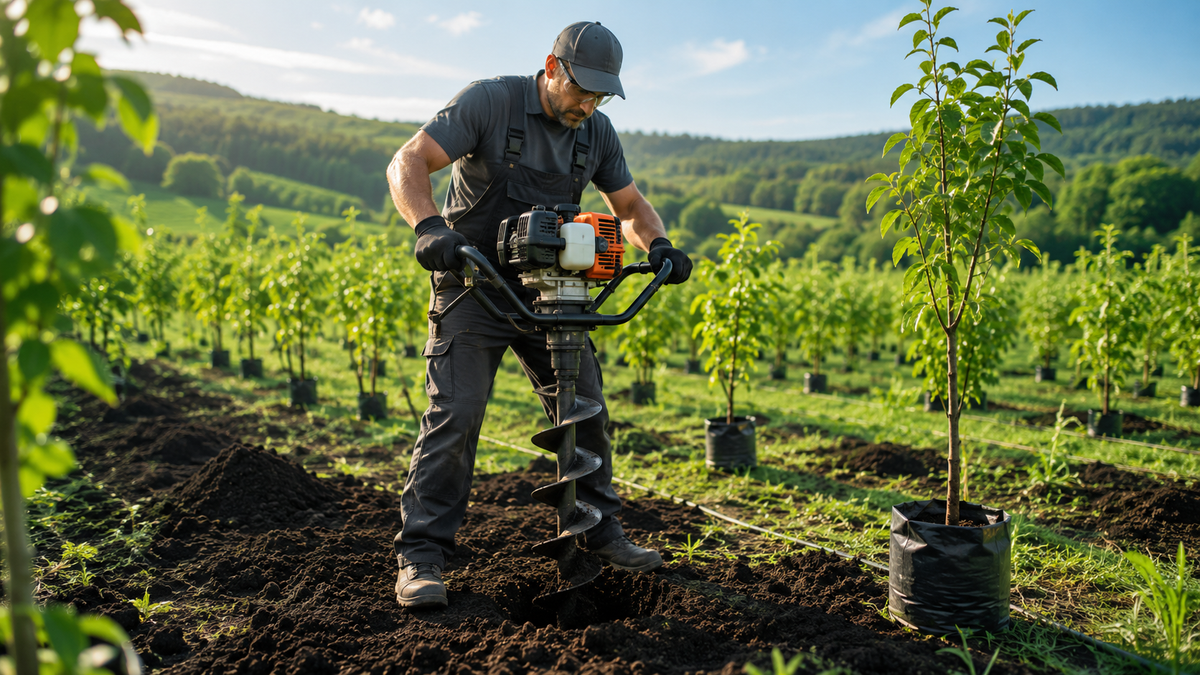 Professional worker using an earth auger machine to dig holes for tree planting in a landscaped outdoor environment.
