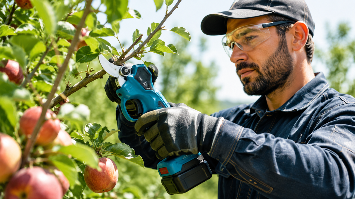 Professional gardener using a cordless pruning shear to trim fruit tree branches in a lush orchard on a sunny day.