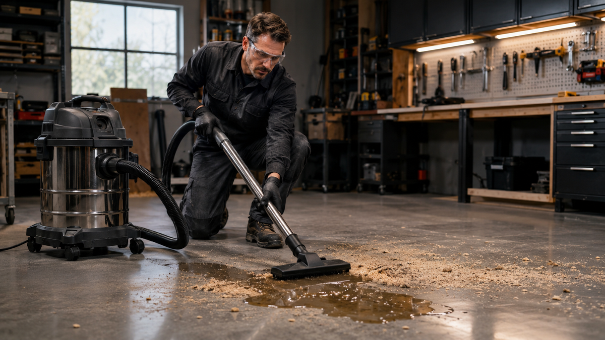 Professional wet and dry vacuum cleaner removing dust and debris from a workshop floor during industrial cleaning.
