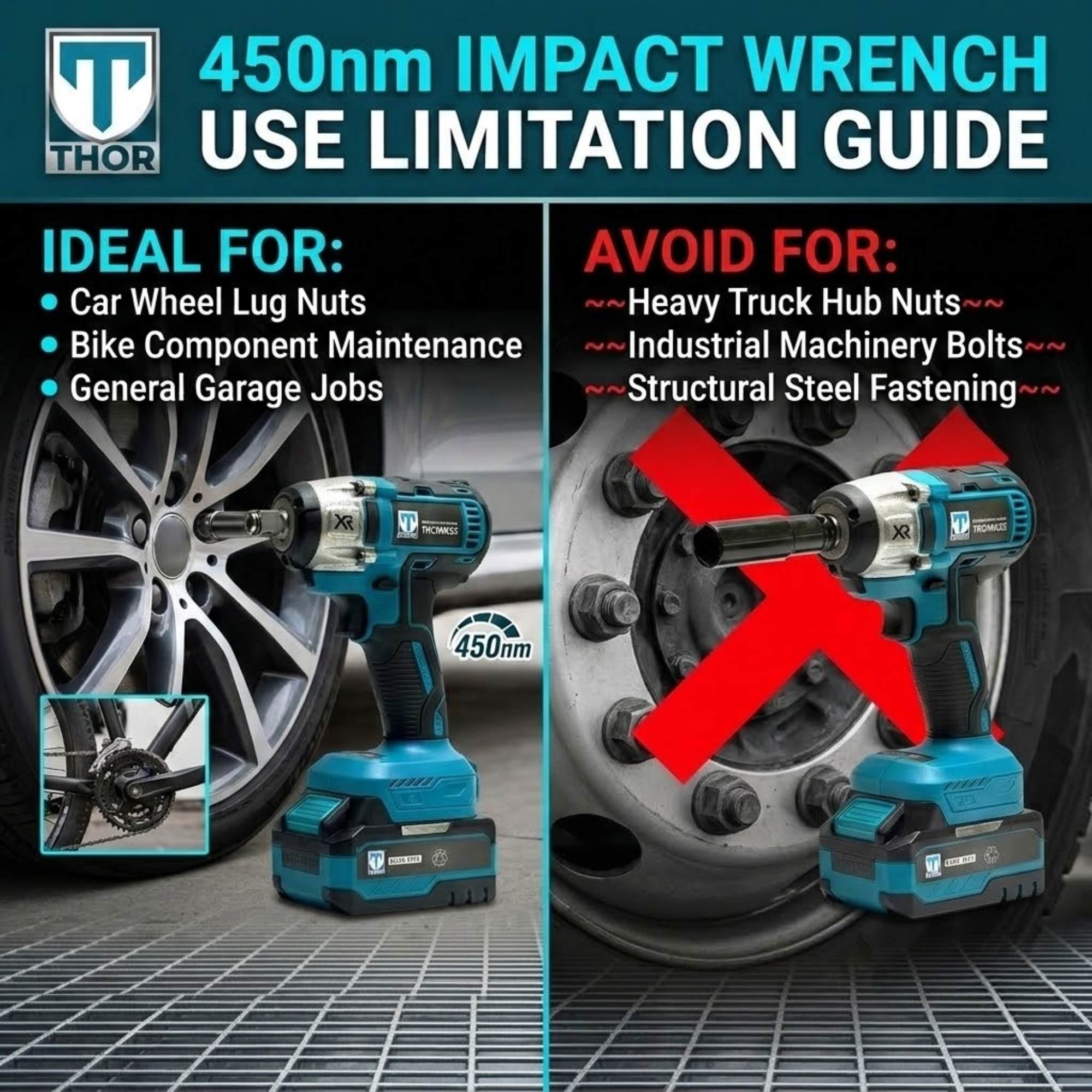 THOR 21V Brushless Cordless Impact Wrench THCIWK52 | 450Nm Torque, 4-in-1, 1/2" Drive, Dual 2Ah Battery, Socket Set, Drill Bits & BMC Case