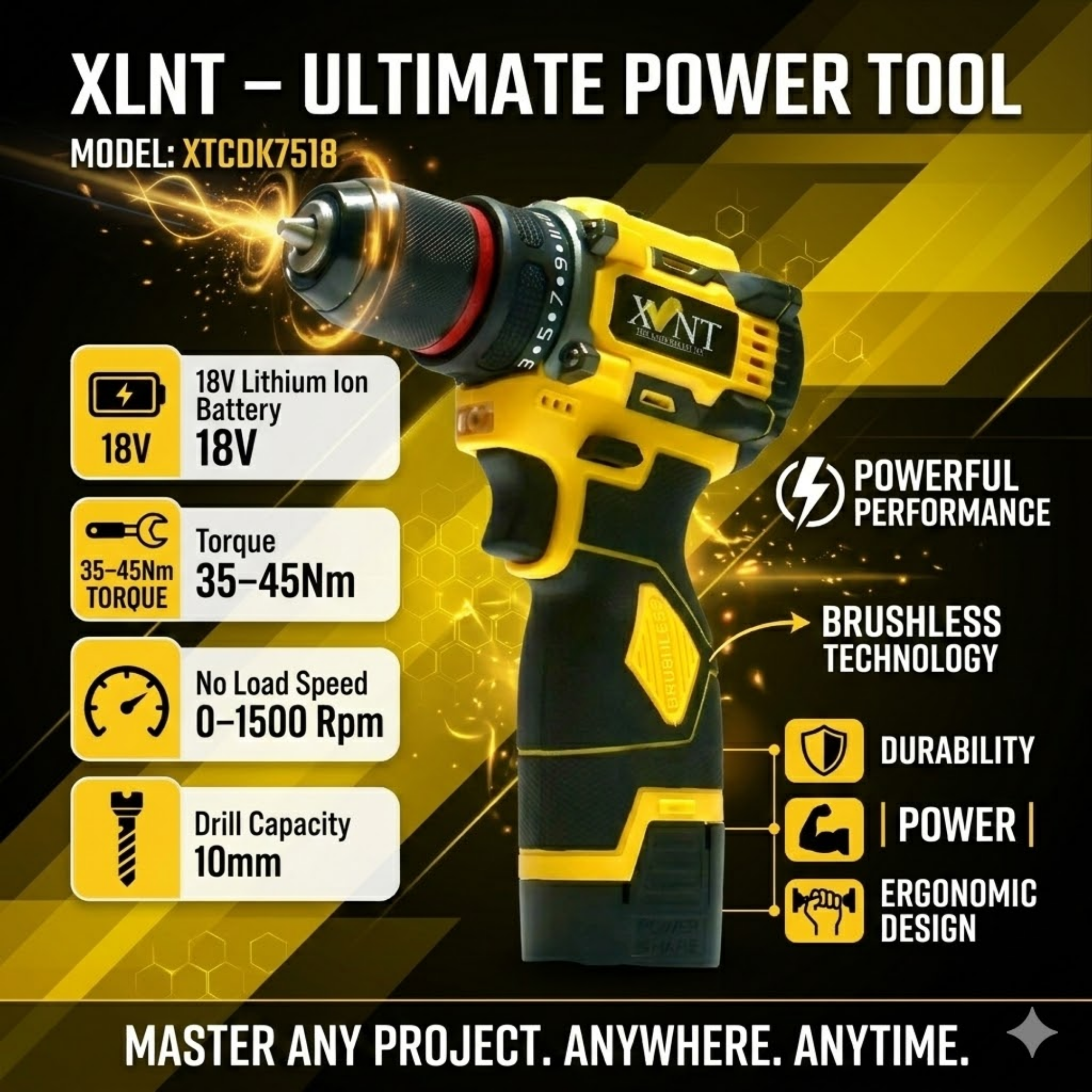 XLNT 18V Brushless Cordless Drill Machine XTCDK7518 – High Torque Lithium-Ion Power Drill Driver Kit for Wood, Metal & Masonry