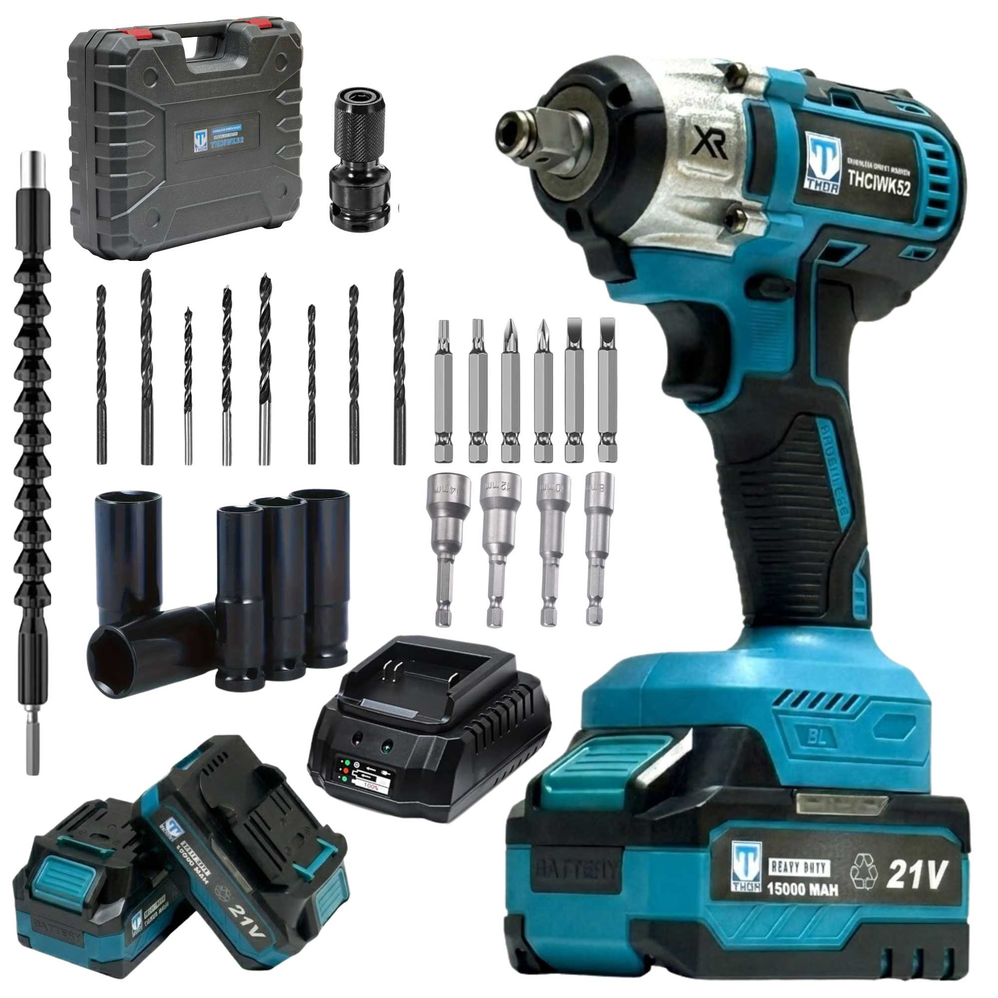 THOR 21V Brushless Cordless Impact Wrench THCIWK52 | 450Nm Torque, 4-in-1, 1/2" Drive, Dual 5Ah Battery, Socket Set, Drill Bits & BMC Case