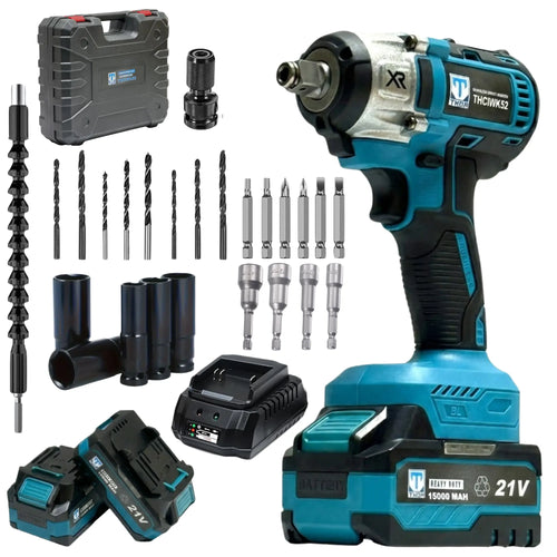 THOR 21V Brushless Cordless Impact Wrench THCIWK52 | 450Nm Torque, 4-in-1, 1/2" Drive, Dual 2Ah Battery, Socket Set, Drill Bits & BMC Case THOR