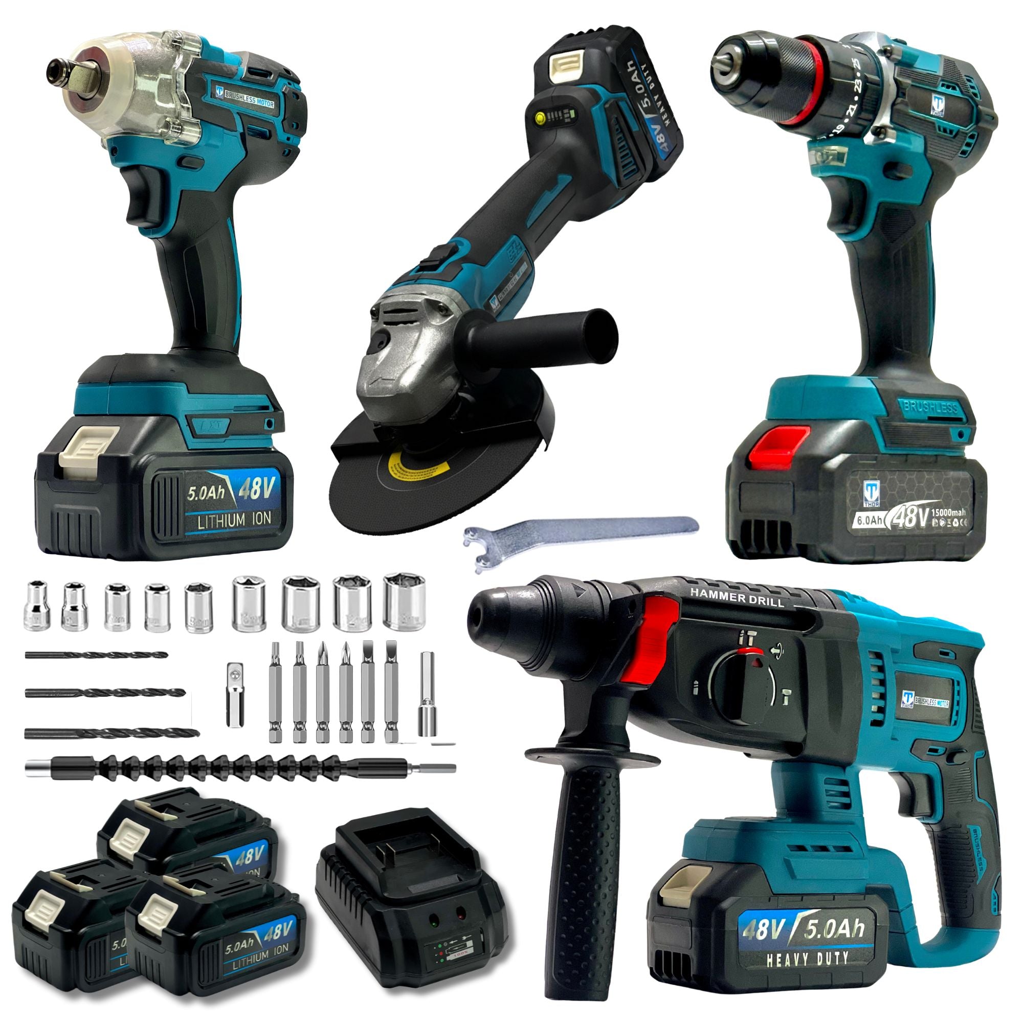 THOR THCOM184 48V Brushless Cordless 4-Piece Power Tool Combo Kit | Hammer Drill + Impact Wrench + Angle Grinder + Drill Driver | 3x 5.0Ah Batteries + Fast Charger + Accessories + BMC Case