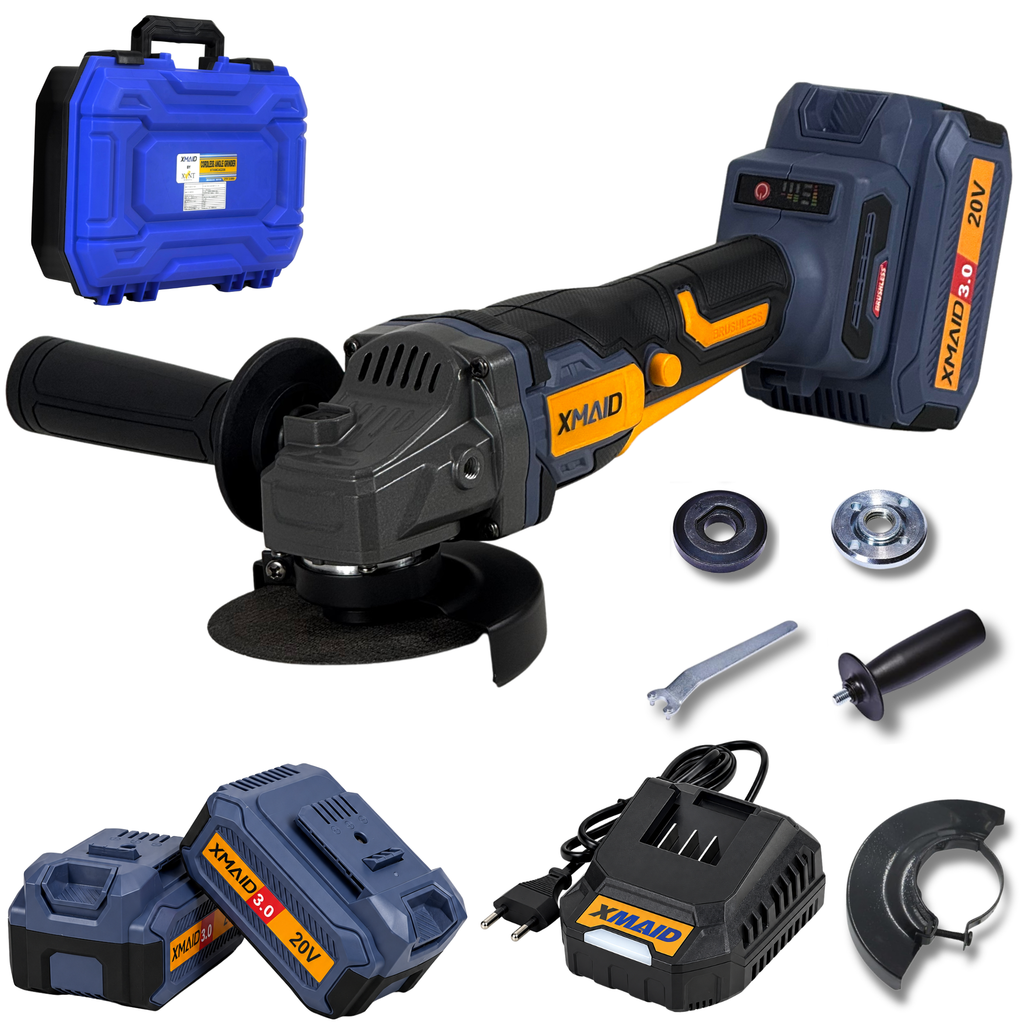 XMAID XTXMCAG336 20V brushless cordless angle grinder kit with two 3.0Ah batteries, charger, side handle, safety guard and carry case