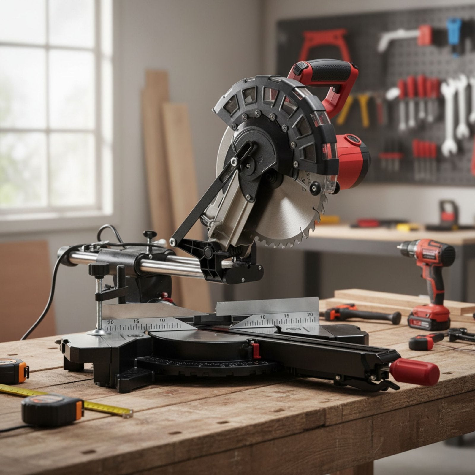 Miter saw on a workbench with tools in the background