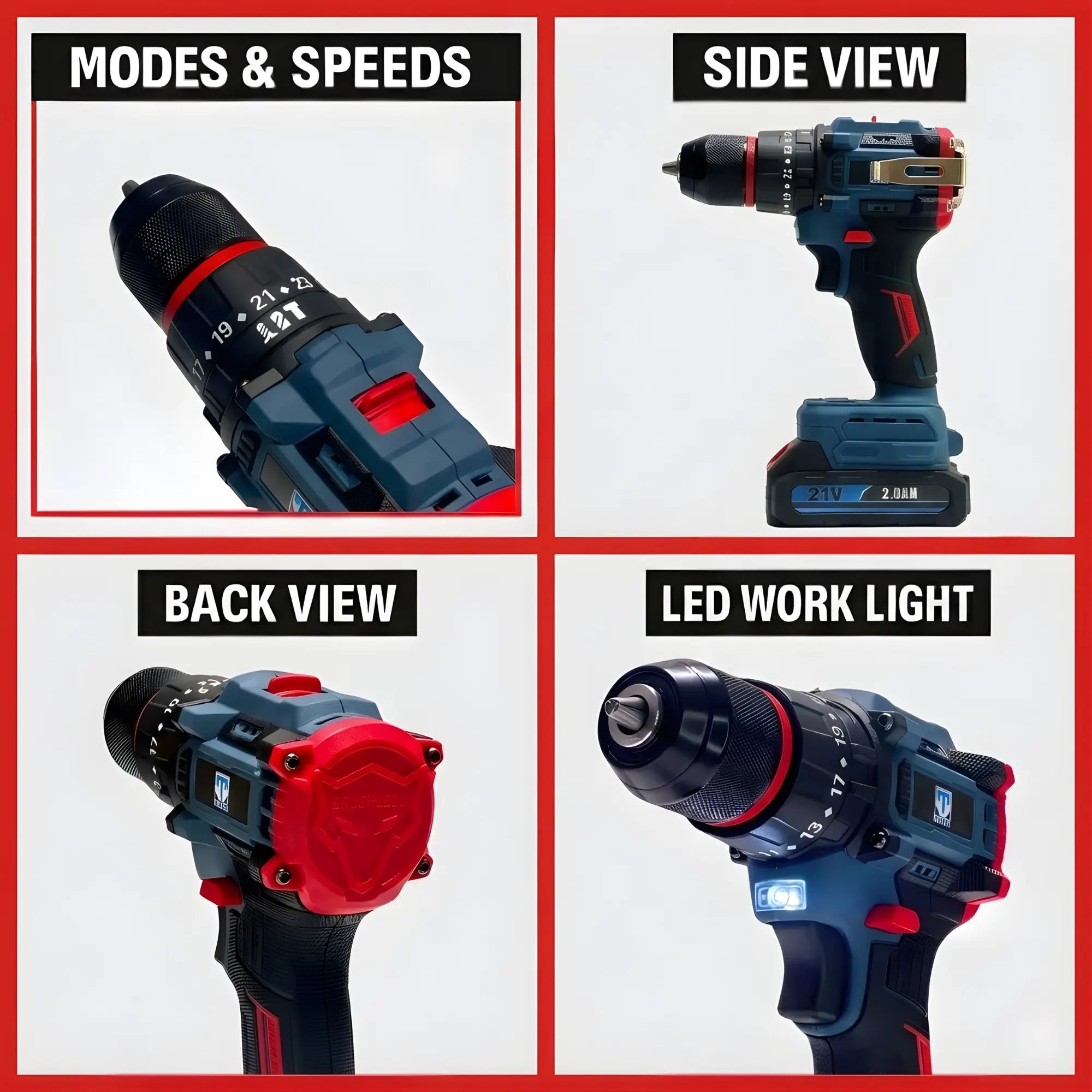 THOR cordless drill kit with metal chuck close up