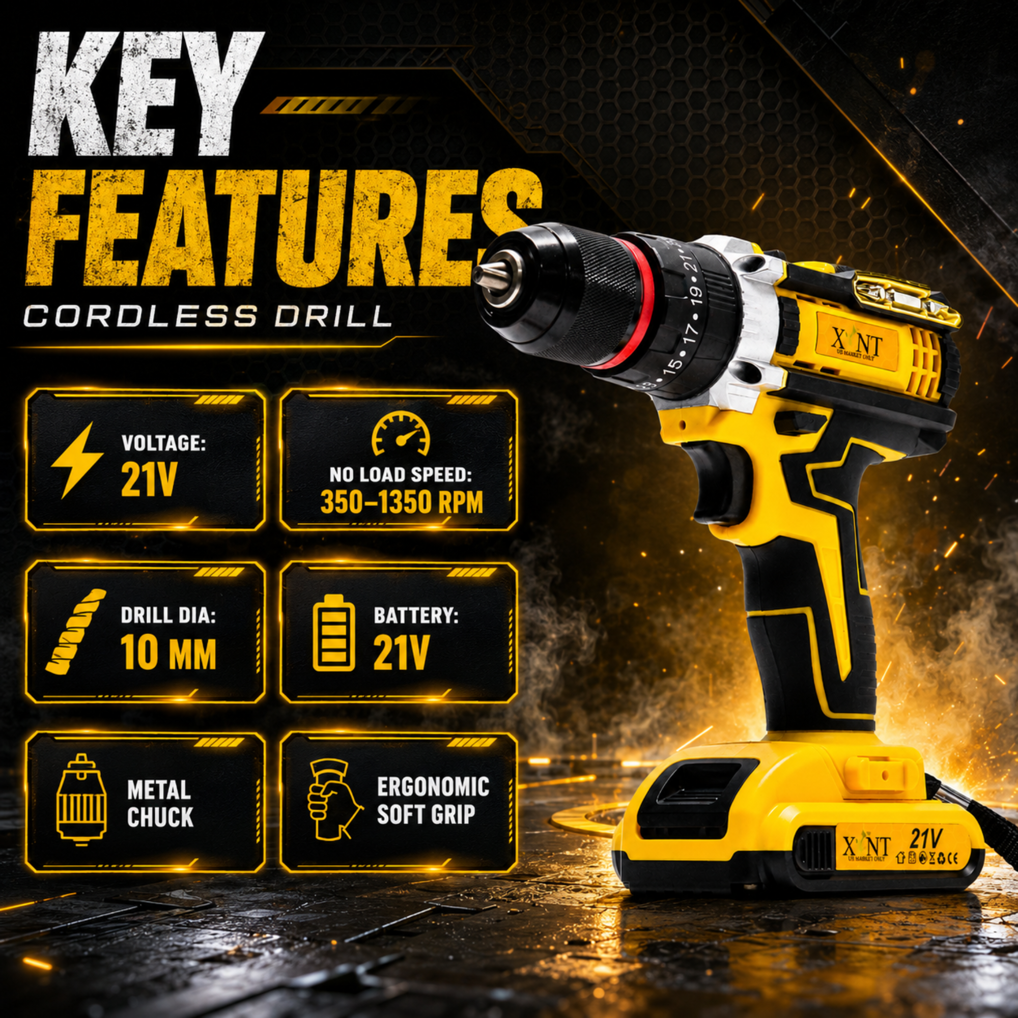 XLNT 21V Cordless Drill Driver Kit | 10mm Metal Chuck | Torque Adjustment | 1350 RPM | 2×21V Li-Ion Batteries | Flexible Shaft | Fast Charger | – XTCDKMC285