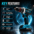 21V cordless drill with 10mm metal chuck
