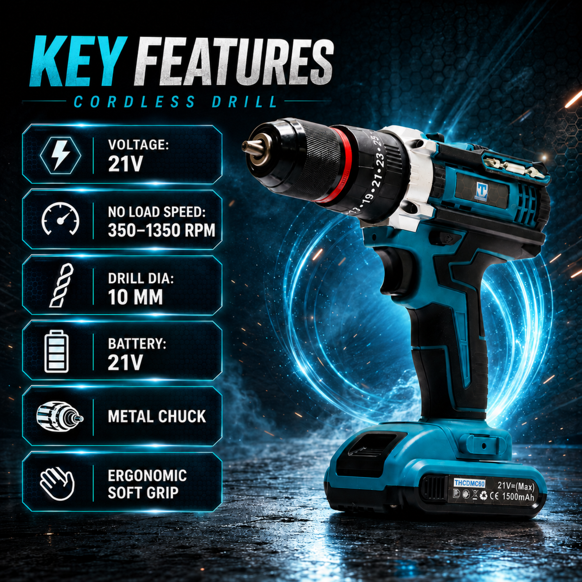THOR 21V Cordless Drill Driver, 10mm Metal Chuck, 350-1350 RPM, 2x1500mAh Li-Ion Batteries and Fast Charger- THCDMC80