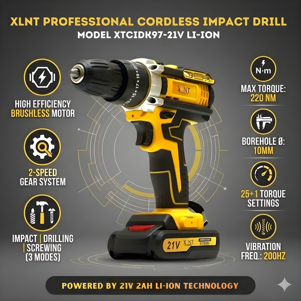 XLNT 21V Cordless Impact Drill Set | Brushless Motor | 220NM | 25+1 Torque | 2 Batteries 4000mAh- XTCIDK97