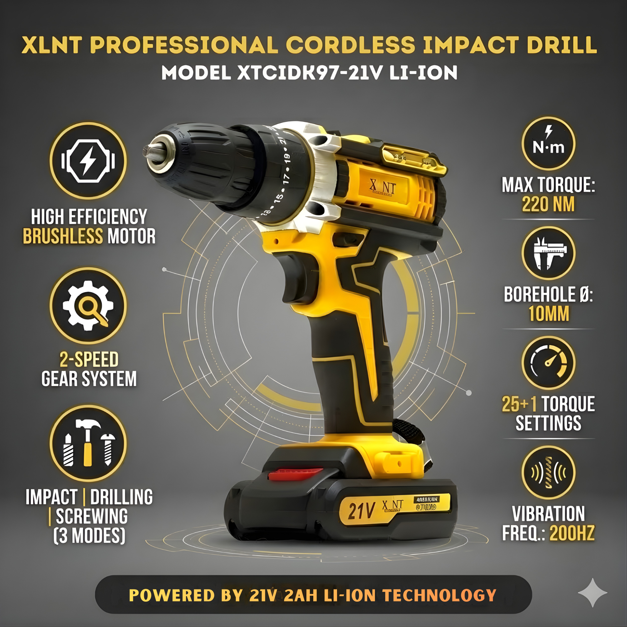 XLNT 21V Cordless Impact Drill Set | Brushless Motor | 220NM | 25+1 Torque | 2 Batteries 4000mAh- XTCIDK97
