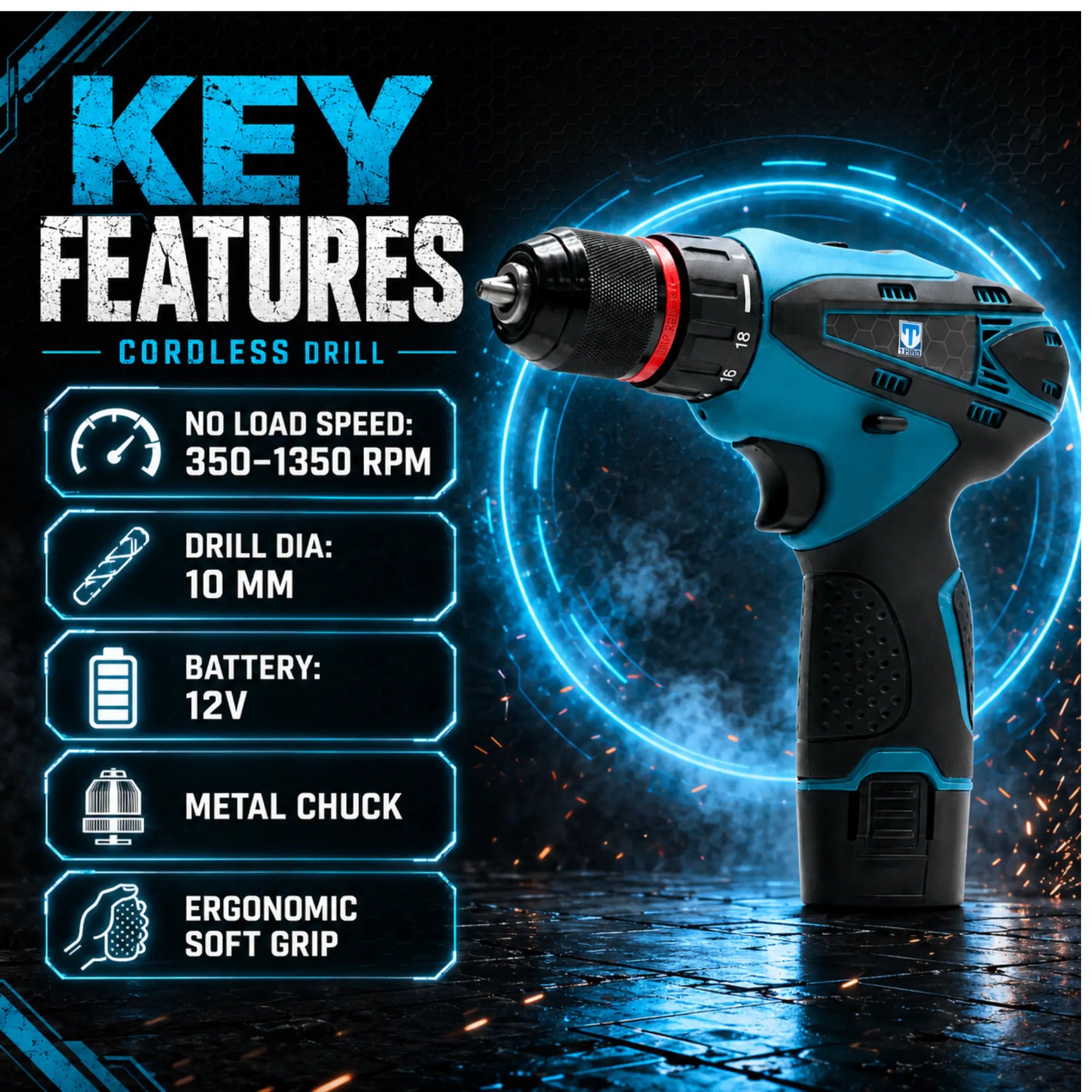 12V cordless drill with 10mm metal chuck
