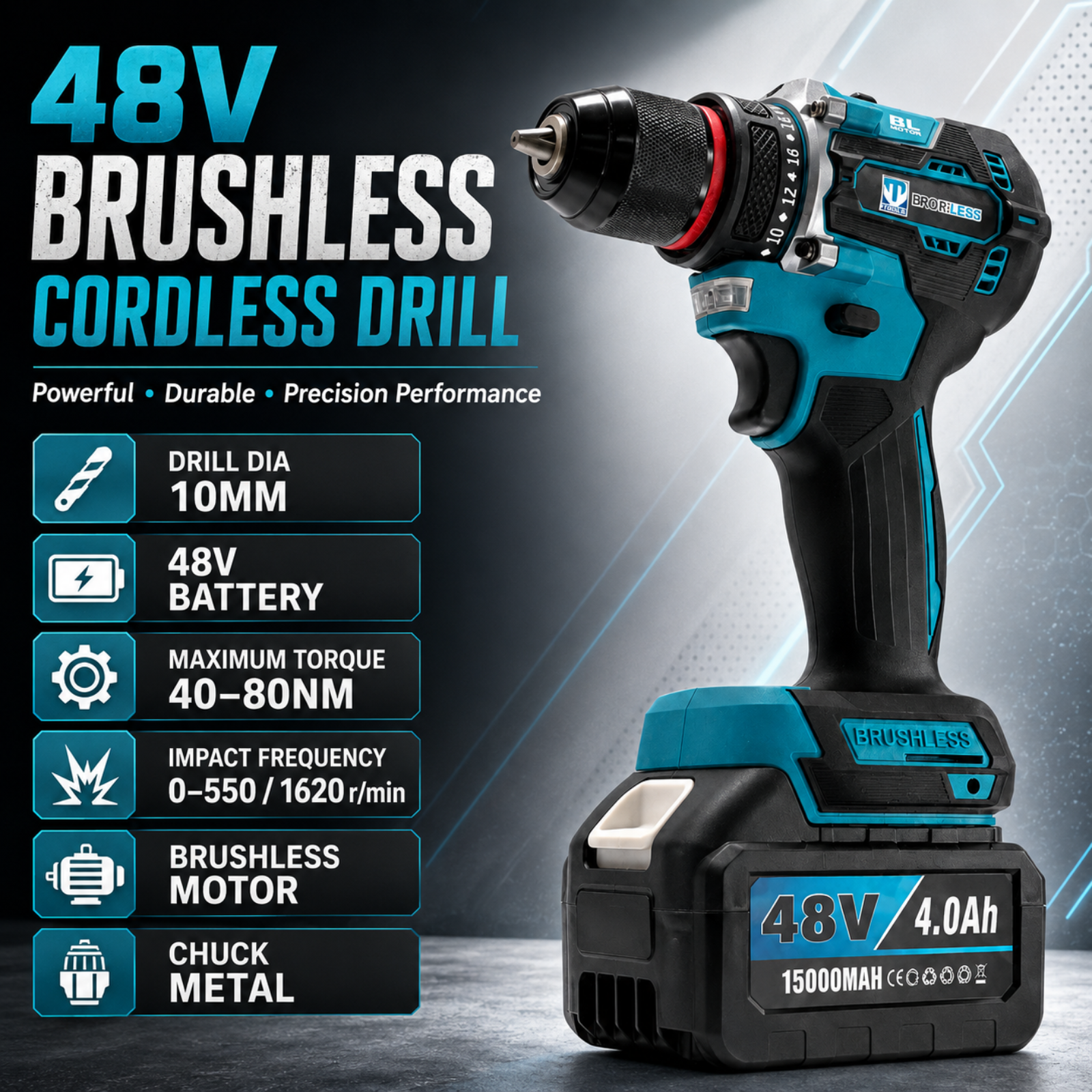 THOR 48V brushless cordless drill driver with 10mm metal chuck