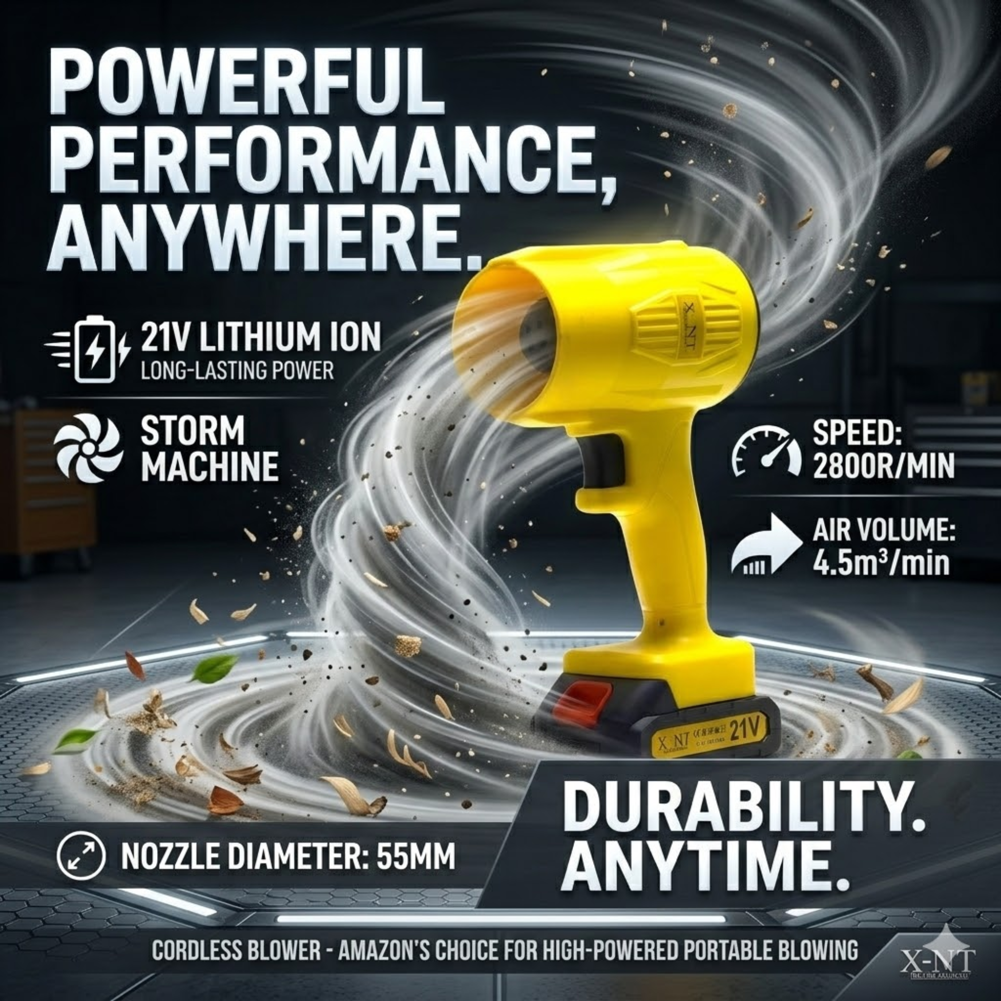 XLNT Cordless Blower 21V — Storm Machine XTCAD170, 2800RPM Battery Blower with 2 Lithium Batteries & Carry Case