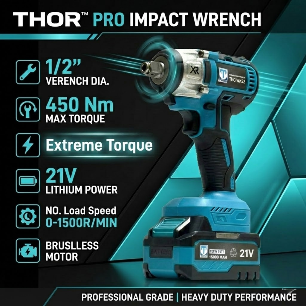 THOR 21V Brushless Cordless Impact Wrench THCIWK52 | 450Nm Torque, 4-in-1, 1/2" Drive, Dual 2Ah Battery, Socket Set, Drill Bits & BMC Case