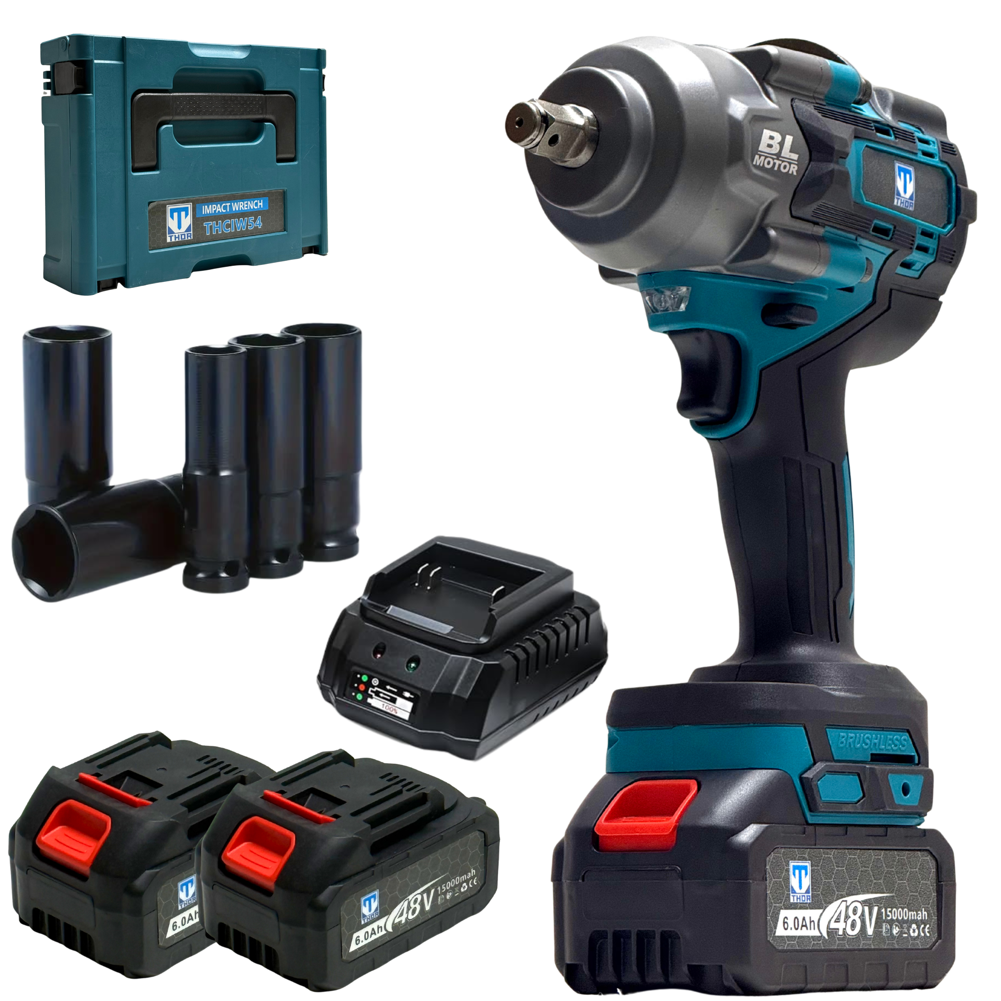 THOR 48V Brushless Cordless Impact Wrench THCIW54 | 850Nm Torque, 1/2" Drive, Dual 4Ah Battery, Socket Set & BMC Case