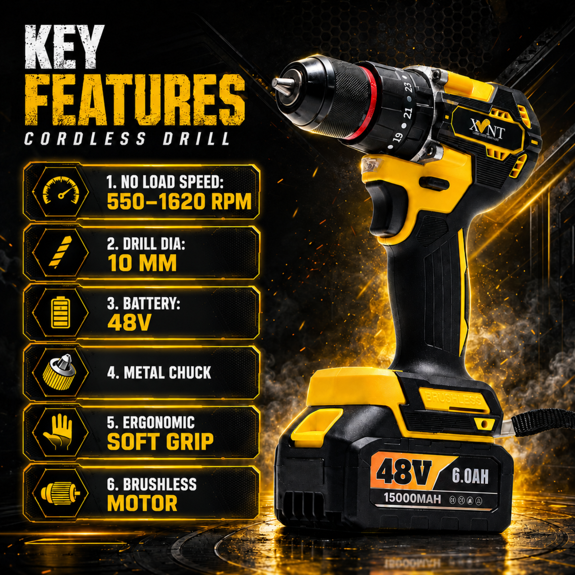 XLNT XT4COM289 48V Brushless Cordless 4-Piece Power Tool Combo Kit | Hammer Drill + Impact Wrench + Angle Grinder + Drill Driver | 3x 5.0Ah Batteries + Fast Charger + Accessories + BMC Case