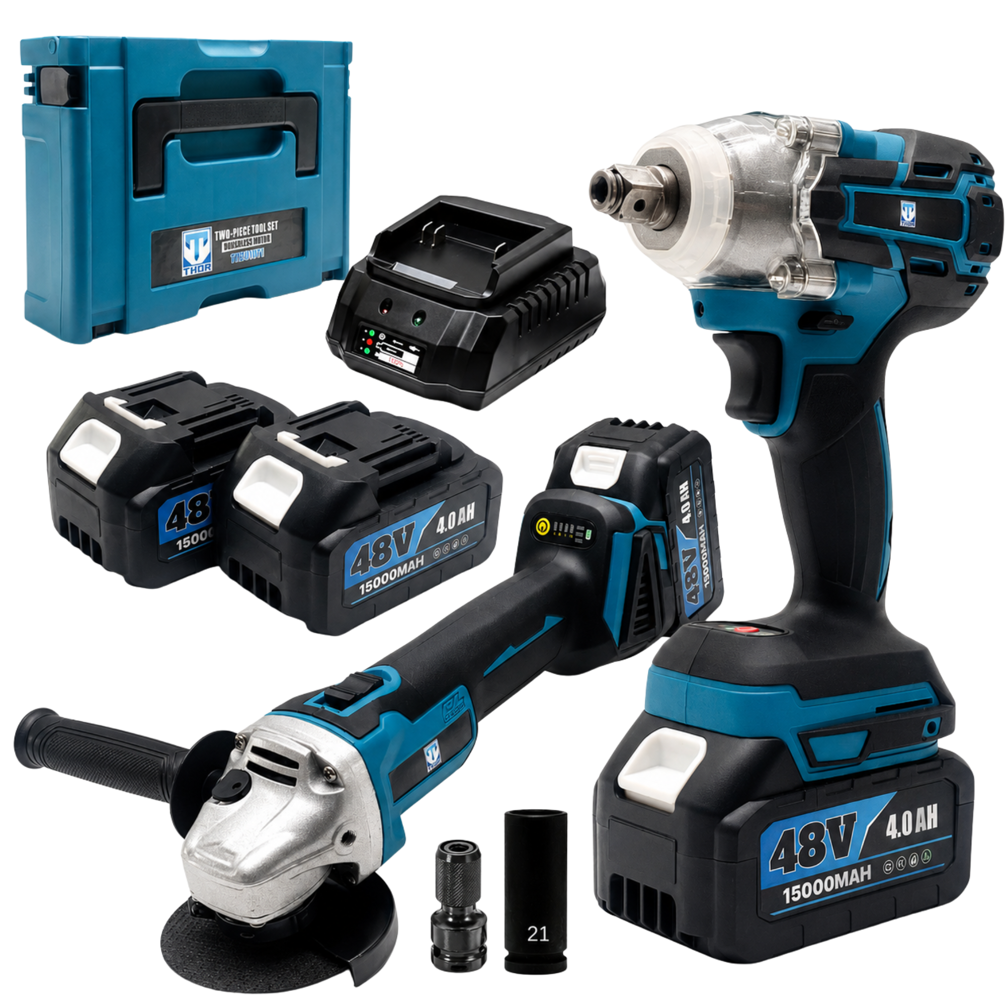 THOR 48V Cordless Impact Wrench & Angle Grinder Combo Kit with Brushless Motor, 2 Batteries, Fast Charger, Carry Case, TH2COM71