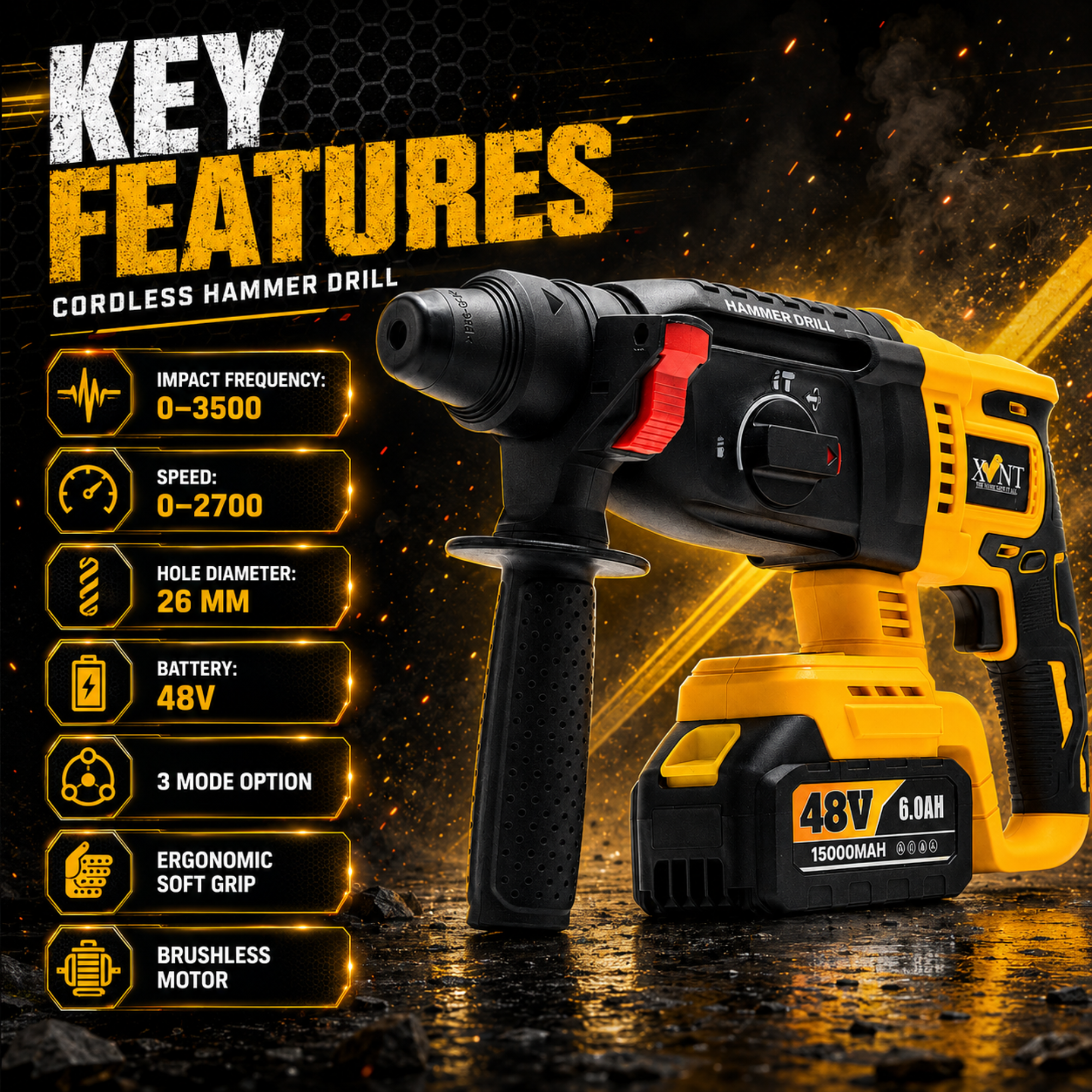 XLNT XT4COM289 48V Brushless Cordless 4-Piece Power Tool Combo Kit | Hammer Drill + Impact Wrench + Angle Grinder + Drill Driver | 3x 5.0Ah Batteries + Fast Charger + Accessories + BMC Case