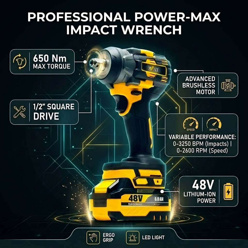 XLNT 48V Cordless Impact Wrench 650Nm Brushless – 4-in-1 Socket Wrench Screwdriver Drill Nut Driver | 1/2" Drive - XTCIWK216