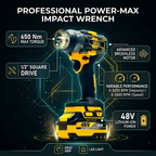 XLNT 48V Cordless Impact Wrench 650Nm Brushless – 4-in-1 Socket Wrench Screwdriver Drill Nut Driver | 1/2" Drive - XTCIWK216