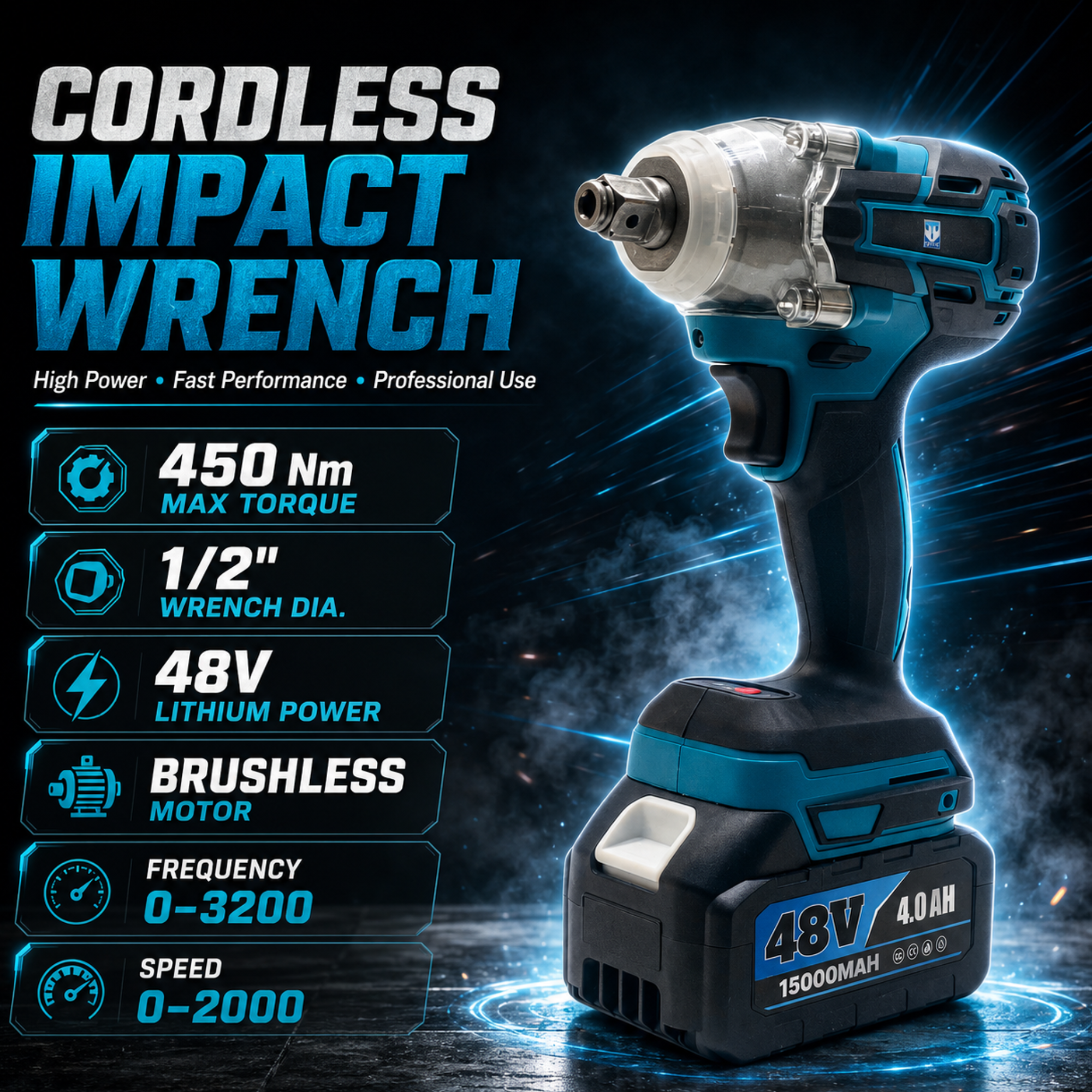 THOR 48V Cordless Impact Wrench & Angle Grinder Combo Kit with Brushless Motor, 2 Batteries, Fast Charger, Carry Case, TH2COM71