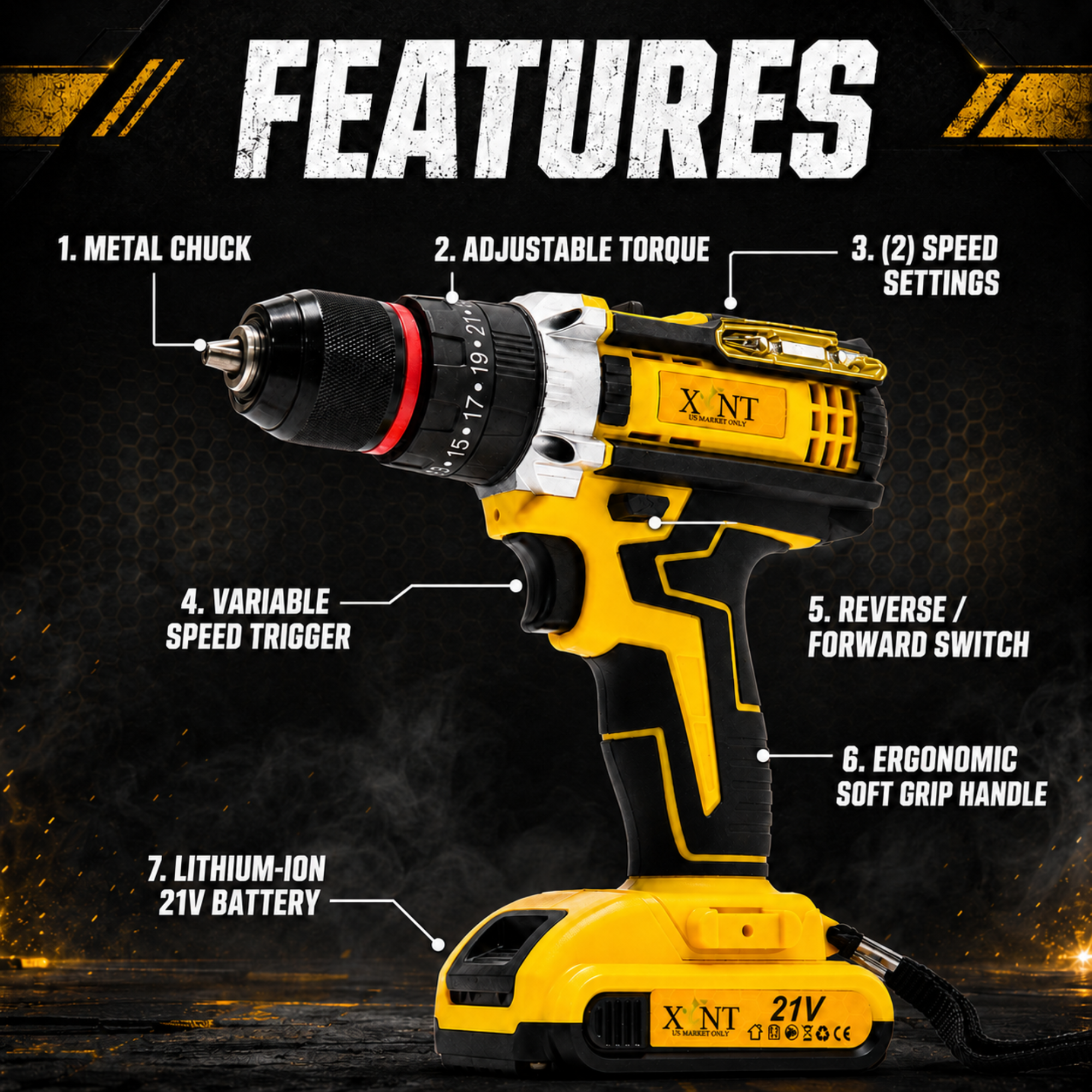 XLNT 21V Cordless Drill Driver Kit | 10mm Metal Chuck | Torque Adjustment | 1350 RPM | 2×21V Li-Ion Batteries | Flexible Shaft | Fast Charger | – XTCDKMC285