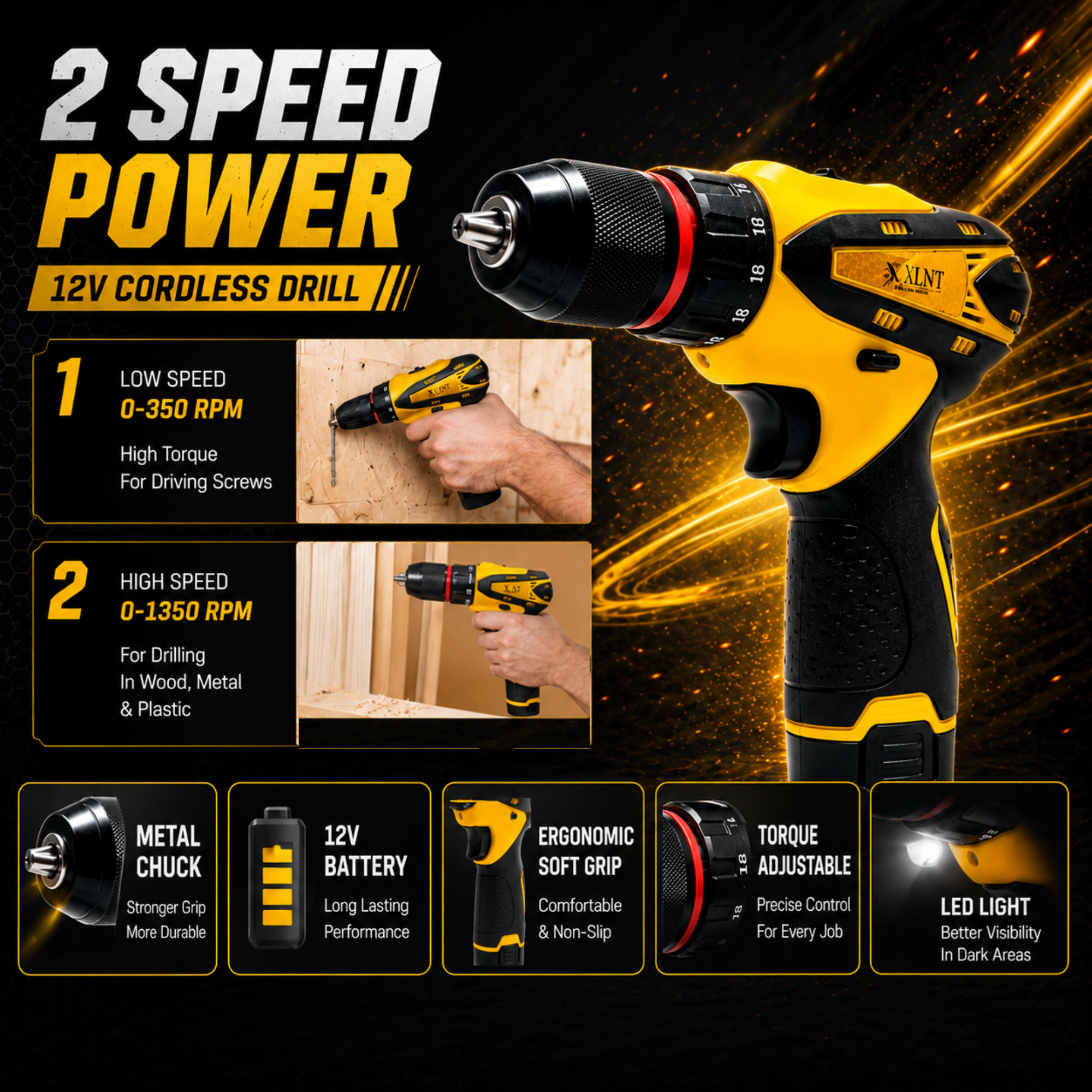 XLNT 12V Cordless Metal Chuck Drill Machine Tool Kit – XTCDKMC284