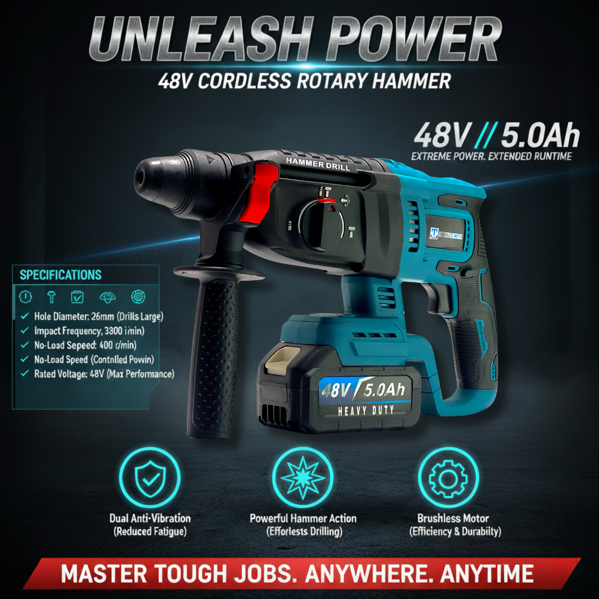 THOR THCOM184 48V Brushless Cordless 4-Piece Power Tool Combo Kit | Hammer Drill + Impact Wrench + Angle Grinder + Drill Driver | 3x 5.0Ah Batteries + Fast Charger + Accessories + BMC Case