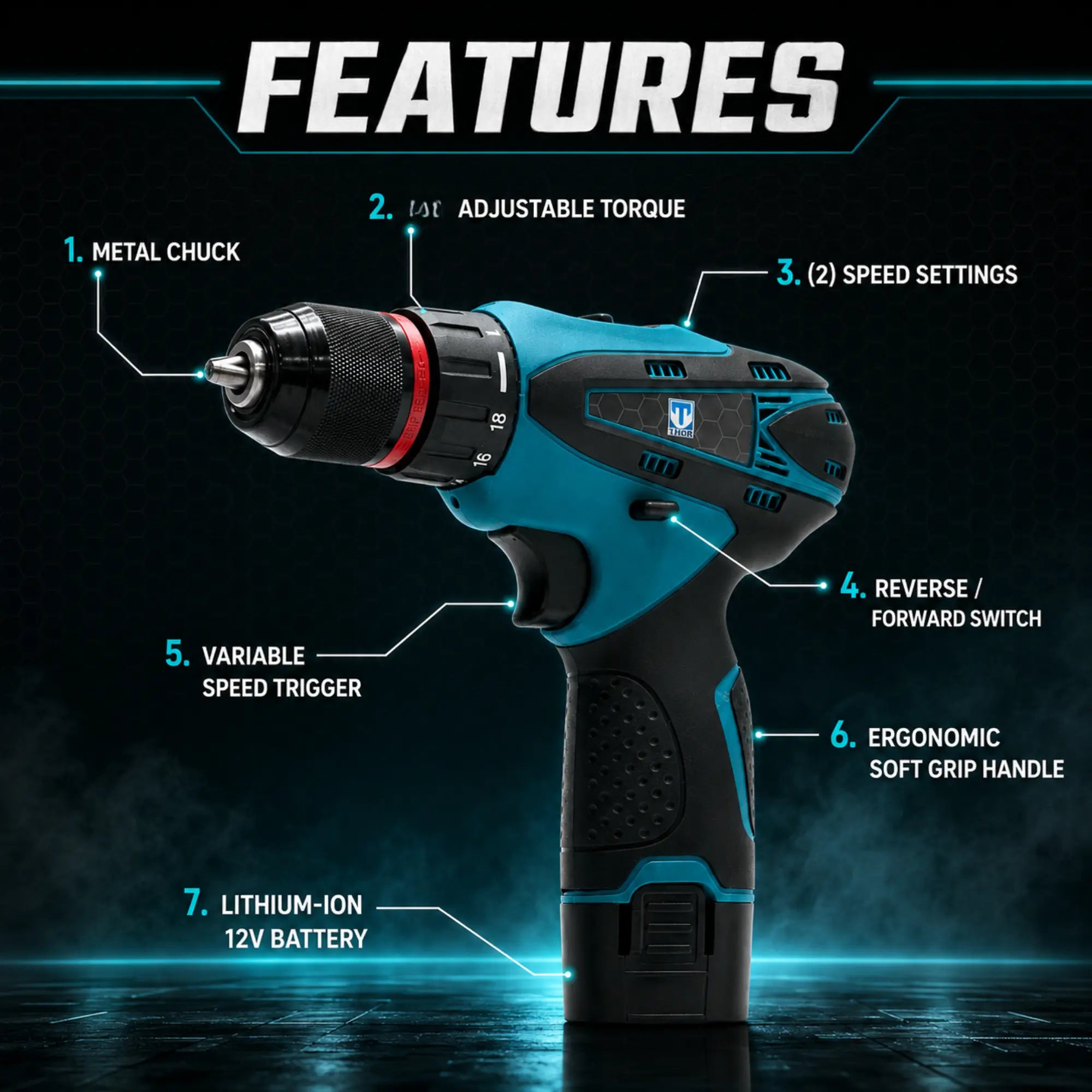 THOR 12V Cordless Metal Chuck Drill Driver Kit -  THCDMC79 THOR