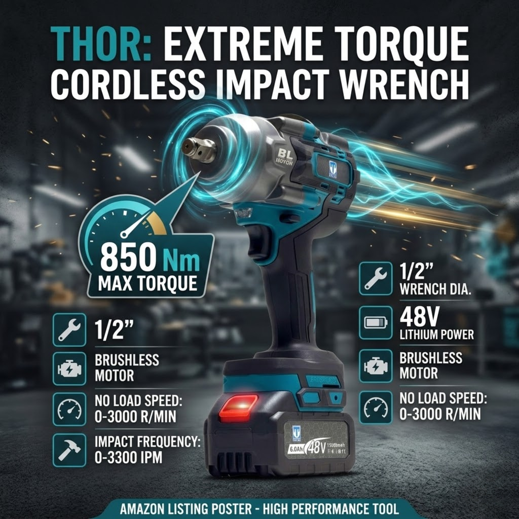 THOR 48V Brushless Cordless Impact Wrench THCIW54 | 850Nm Torque, 1/2" Drive, Dual 4Ah Battery, Socket Set & BMC Case