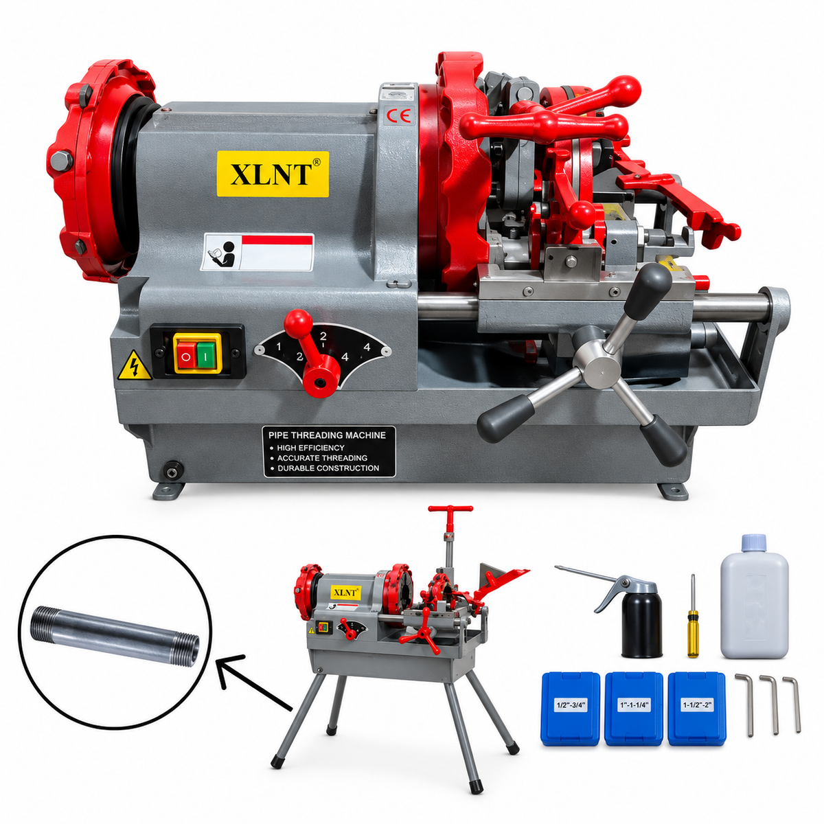 XTPTM-155-4 1100W electric pipe threading machine 4 inch 24/9 RPM with threading dies and stand