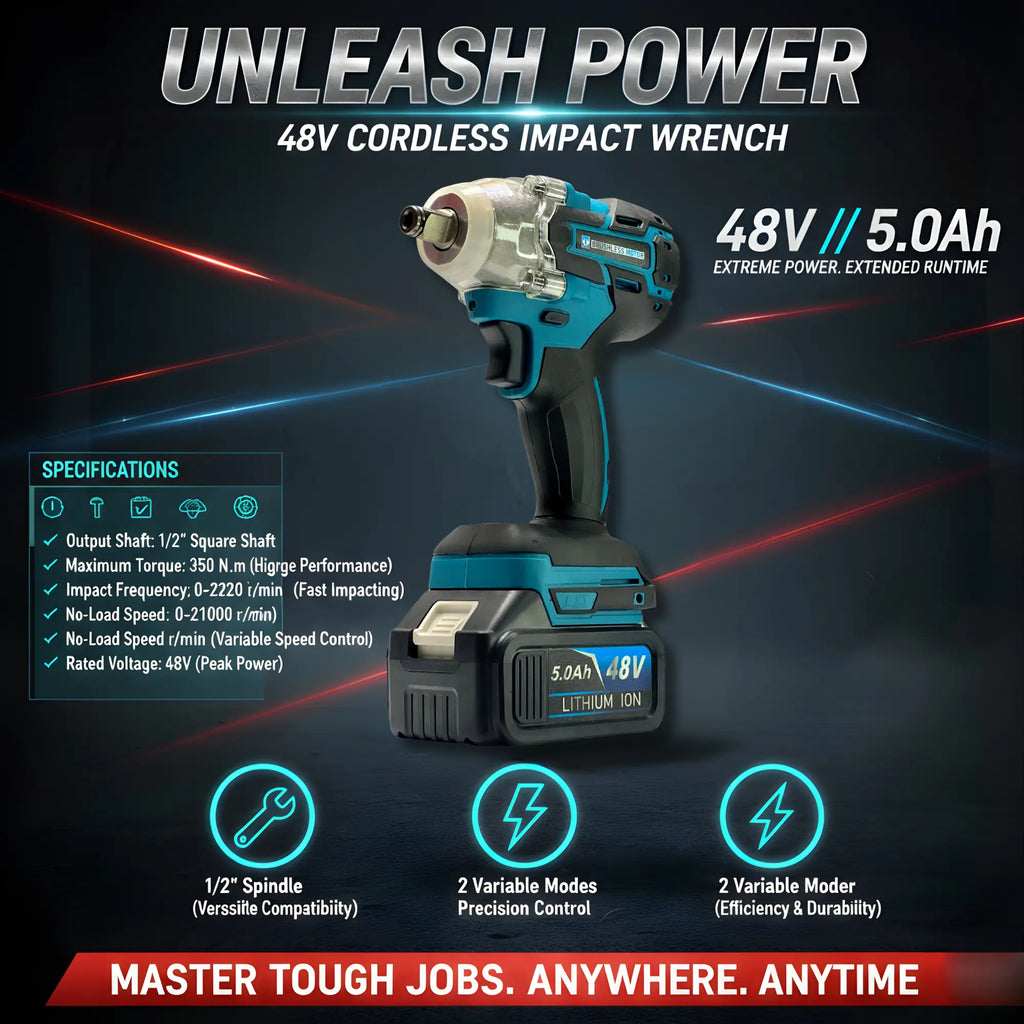 THOR THCOM184 48V Brushless Cordless 4-Piece Power Tool Combo Kit | Hammer Drill + Impact Wrench + Angle Grinder + Drill Driver | 3x 5.0Ah Batteries + Fast Charger + Accessories + BMC Case THOR