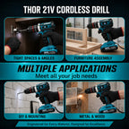THOR 21V Cordless Drill Driver, 10mm Metal Chuck, 350-1350 RPM, 2x1500mAh Li-Ion Batteries and Fast Charger- THCDMC80 THOR