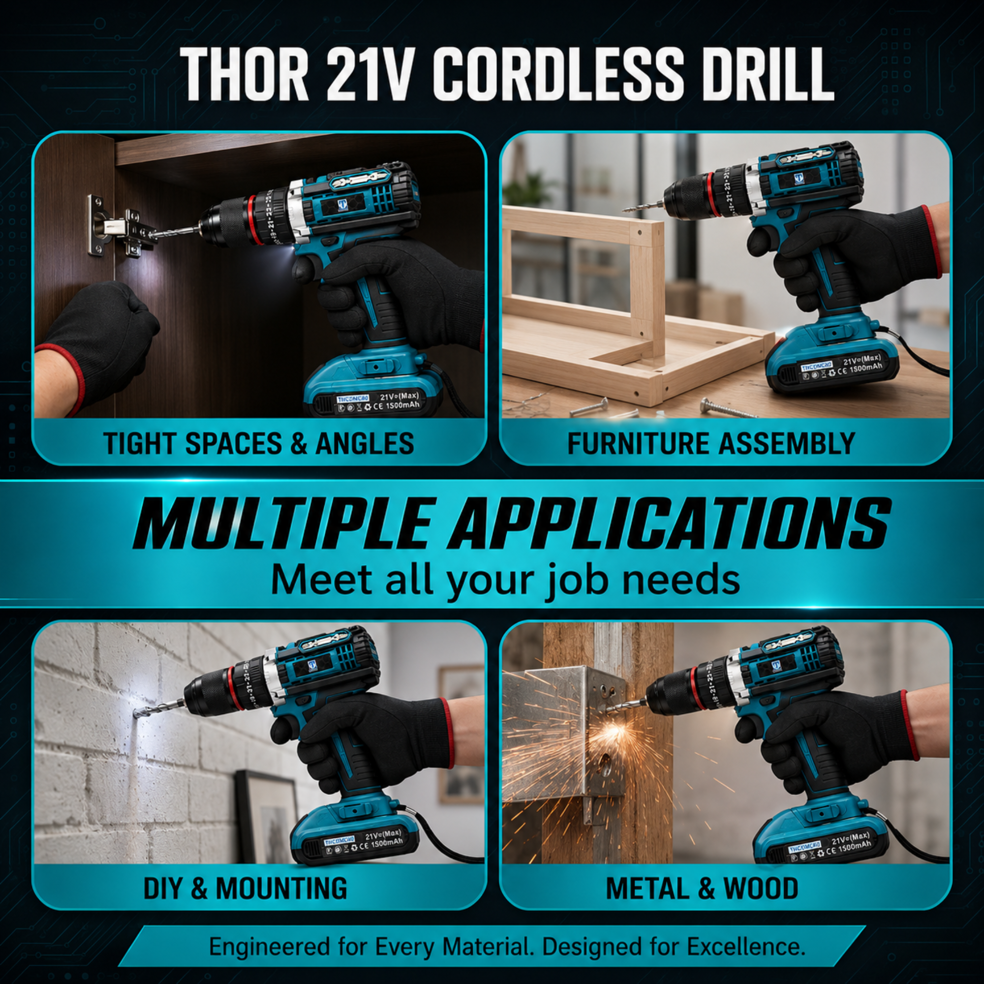 THOR 21V Cordless Drill Driver, 10mm Metal Chuck, 350-1350 RPM, 2x1500mAh Li-Ion Batteries and Fast Charger- THCDMC80