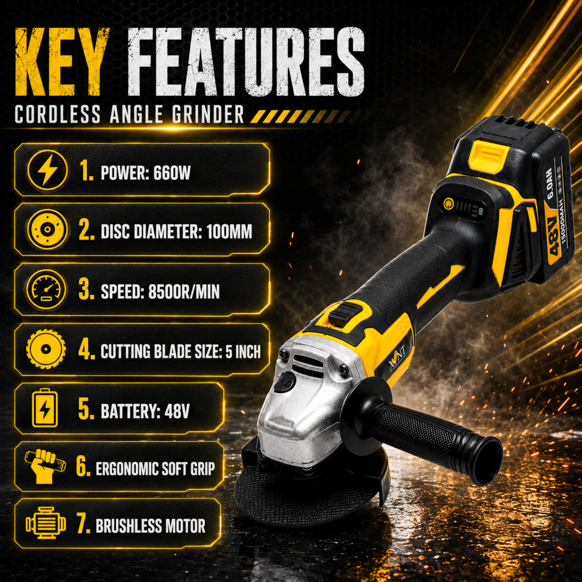 XLNT XT4COM289 48V Brushless Cordless 4-Piece Power Tool Combo Kit | Hammer Drill + Impact Wrench + Angle Grinder + Drill Driver | 3x 5.0Ah Batteries + Fast Charger + Accessories + BMC Case