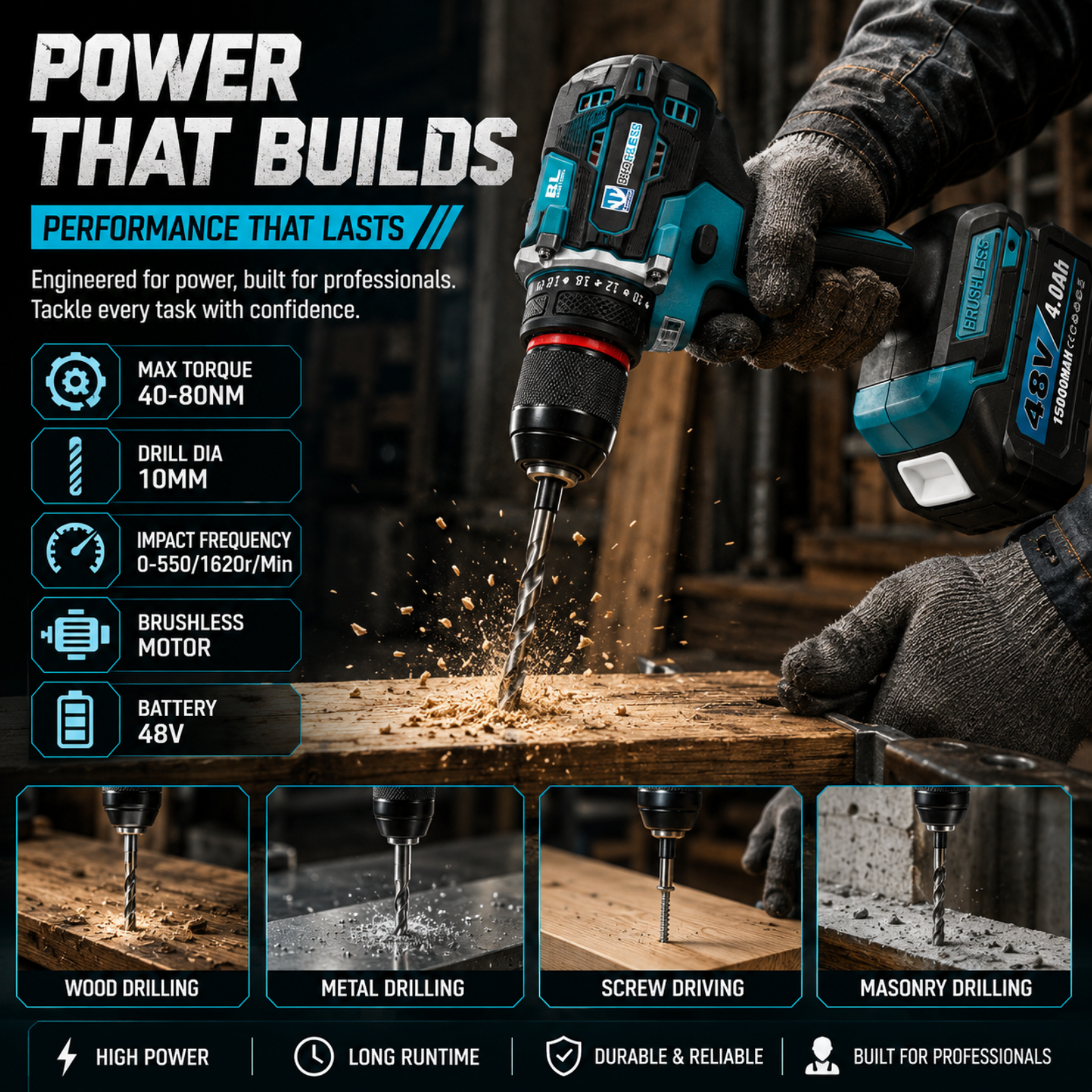 THOR 48V cordless power tool combo kit with two batteries