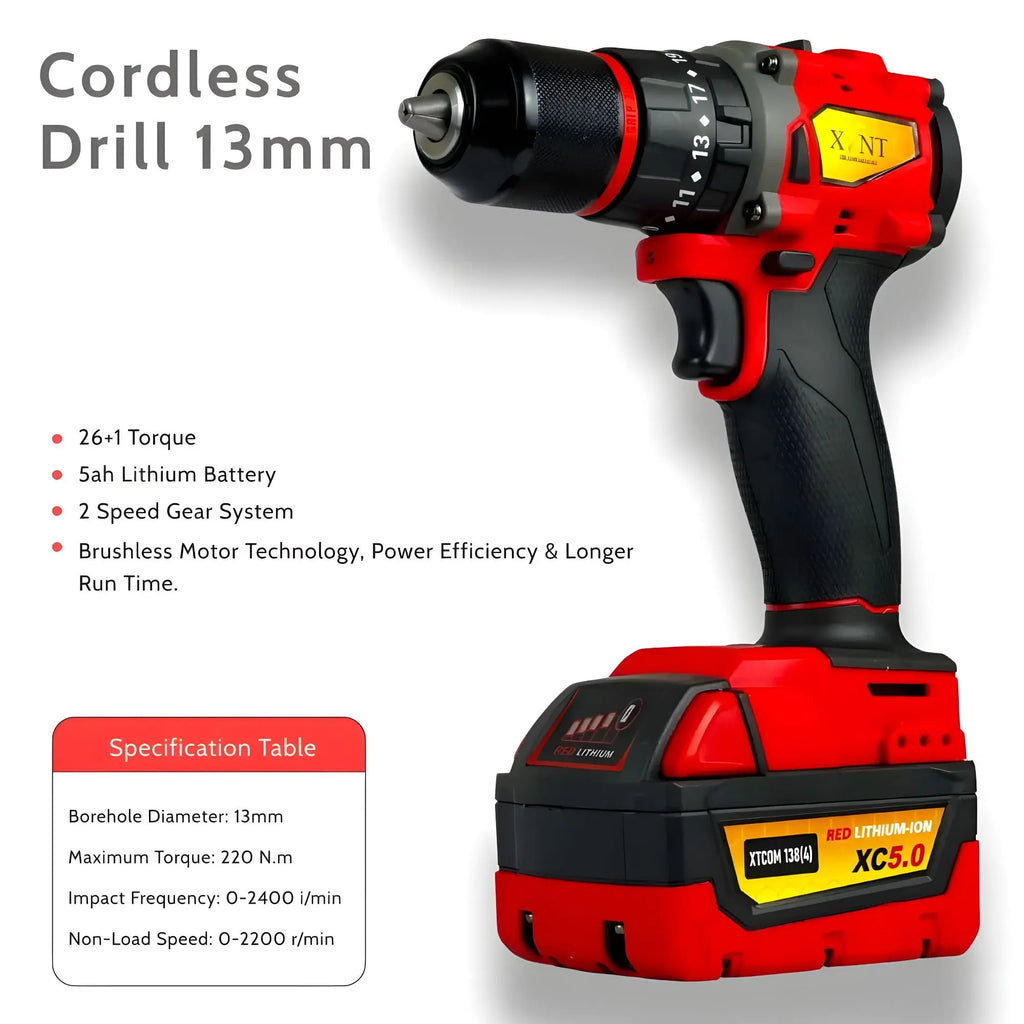 XLNT Cordless Drill Combo Kit 4-Tool Set | 13mm Drill, Angle Grinder, Impact Wrench, Rotary Hammer  XT4COM138 XLNT