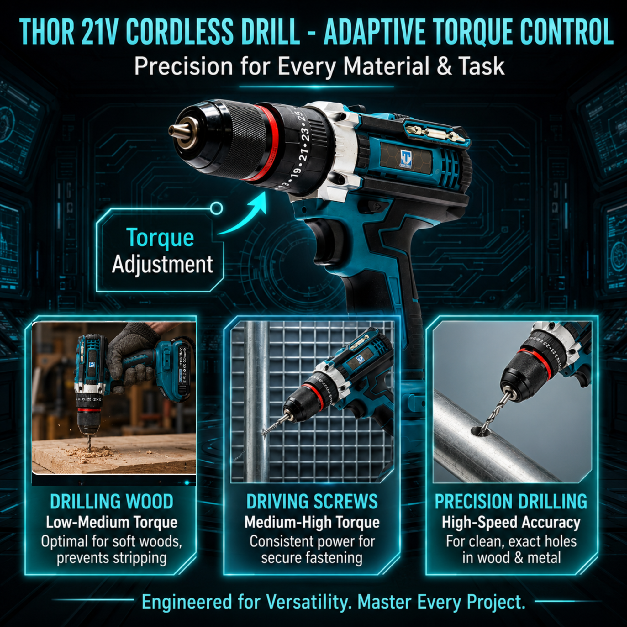 THOR 21V Cordless Drill Driver, 10mm Metal Chuck, 350-1350 RPM, 2x1500mAh Li-Ion Batteries and Fast Charger- THCDMC80