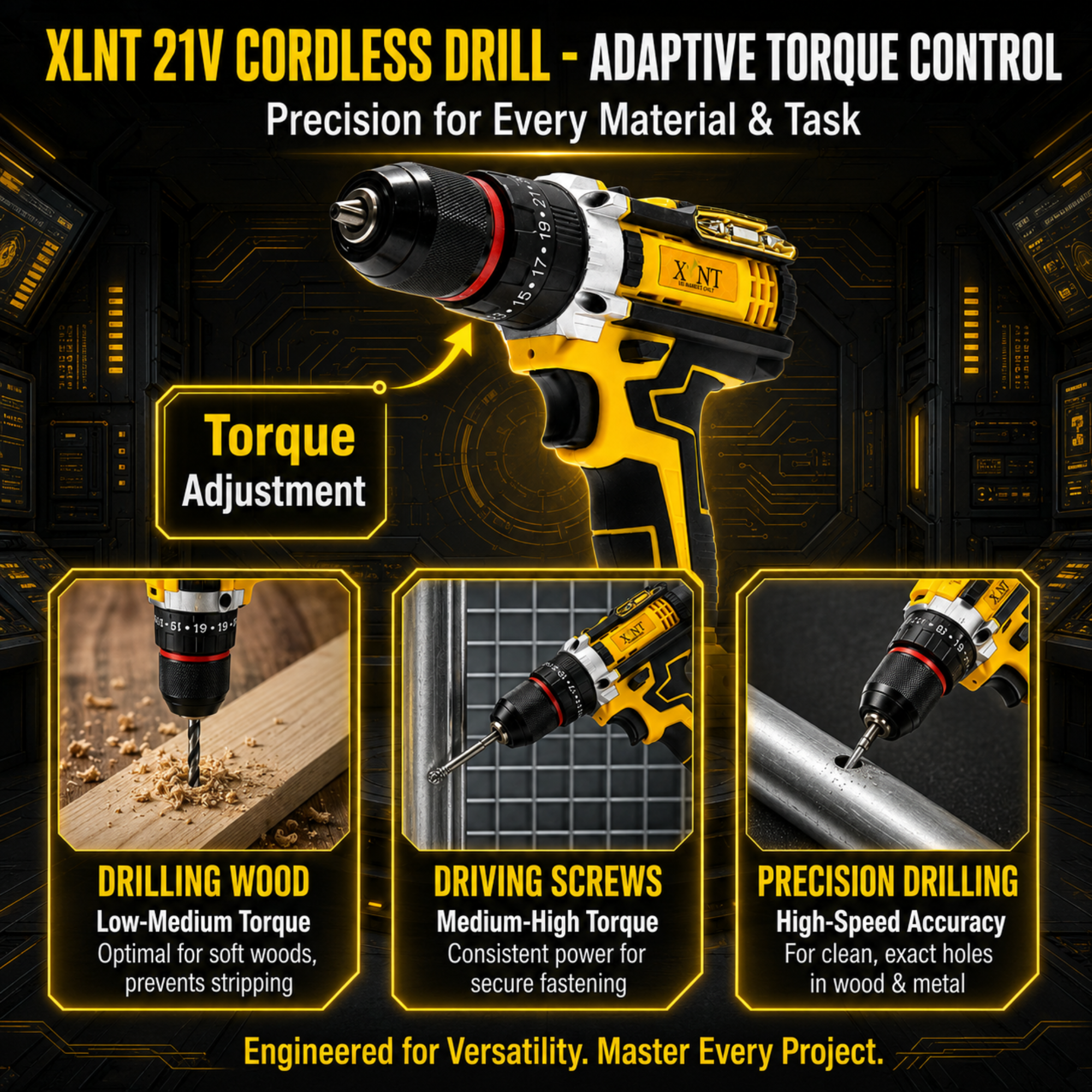XLNT 21V Cordless Drill Driver Kit | 10mm Metal Chuck | Torque Adjustment | 1350 RPM | 2×21V Li-Ion Batteries | Flexible Shaft | Fast Charger | – XTCDKMC285