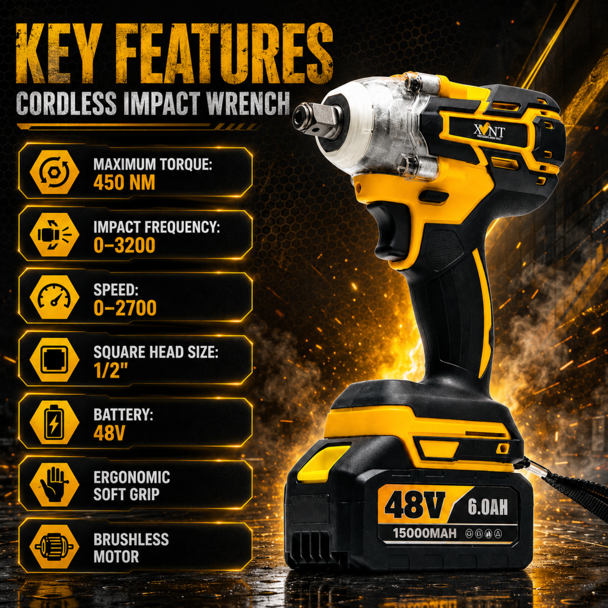 XLNT XT4COM289 48V Brushless Cordless 4-Piece Power Tool Combo Kit | Hammer Drill + Impact Wrench + Angle Grinder + Drill Driver | 3x 5.0Ah Batteries + Fast Charger + Accessories + BMC Case